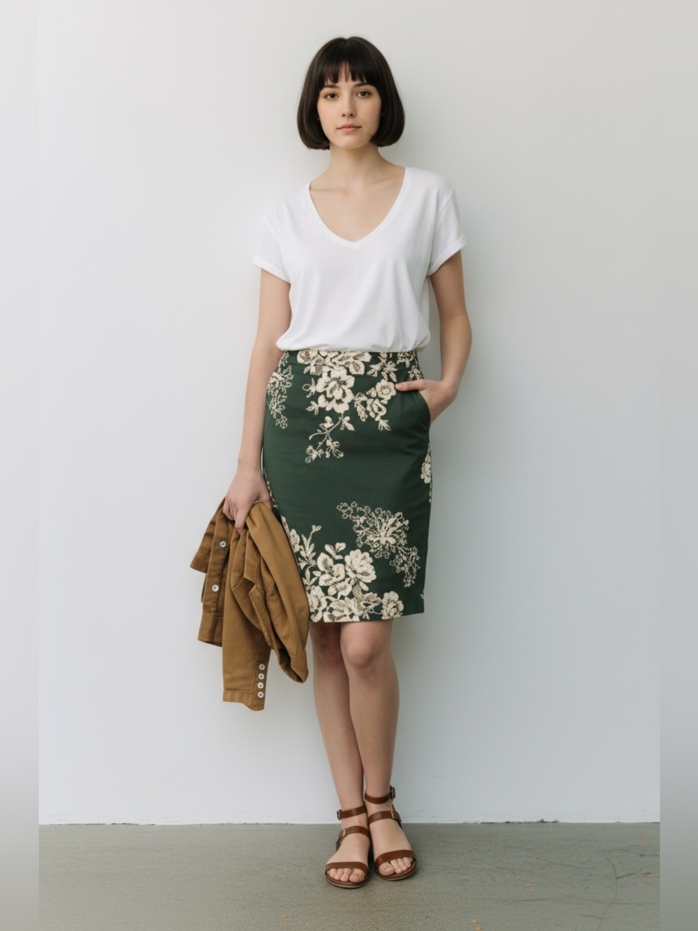 J. Crew Dark Green Mirabel Pencil Skirt with Cream Floral Embroidery Sz4